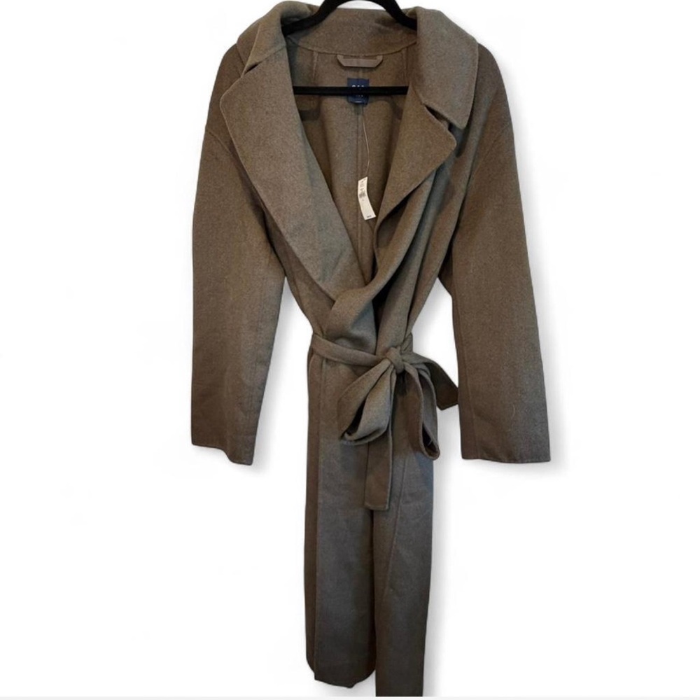 GAP Wool Blend Wrap Coat Large Taupe Belted Long NWT $248 - Picture 2 of 12